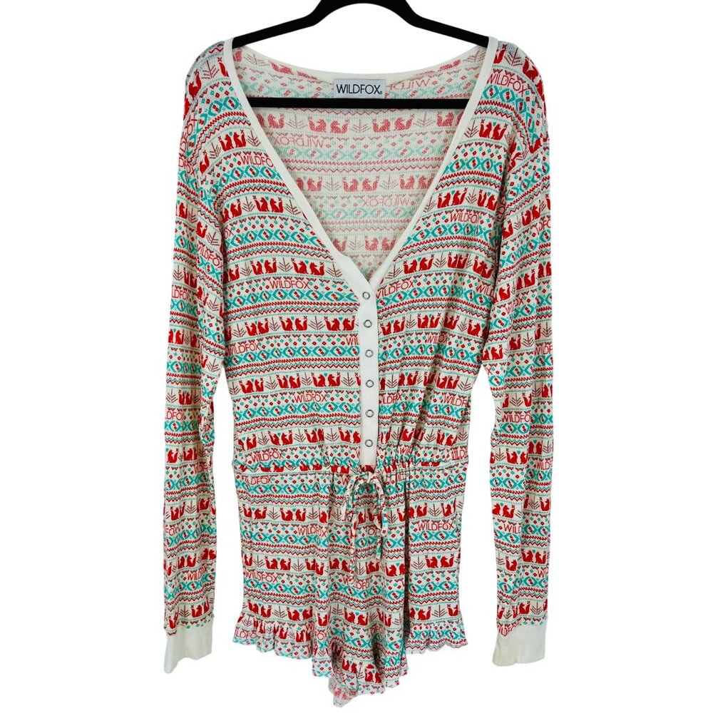 Wildfox Long Sleeve Snap-Button Front Waist-Tie Ruffled Shorts Romper Playsuit L - Picture 4 of 16